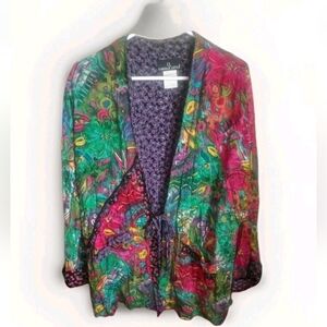 VTG RARE Carole Little Vibrant Floral Drape Jacket Beaded Arsty Unique Whimsical